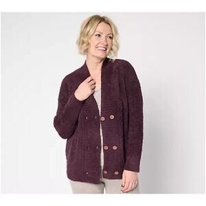 Barefoot Dreams CozyChic Cable Buttoned Cardigan Black Currant 2X A661126